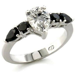 Silver Pear Cut Engagement Ring Black Onyx CZ Simulated Plated Size 8 9 10